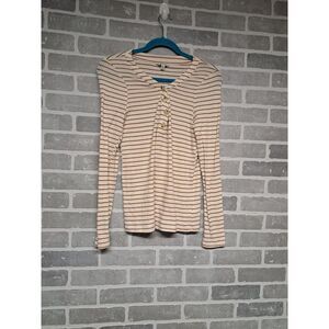 Lucky Brand Womens Ribbed Striped V-Neck Long Sleeve Stretchy Blouse Size Medium